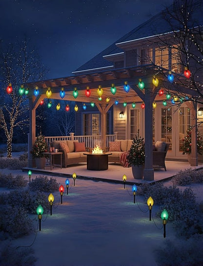 2 Pack Jumbo C9 Christmas Pathway Lights Outdoor, 7FT LED With Marker Stakes, Diamond Pattern Multicolor Light Bulb for Lawn Yard Garden Christmas Decor