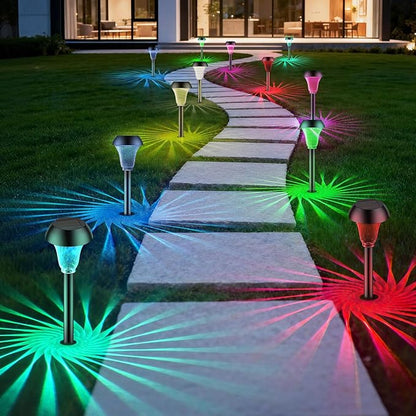 2 Pack Solar Pathway Lights Outdoor, New Upgraded Waterproof LED Lights, 3 Variants (Warm White/Golden/7-Color Slow Flash) with Unique Lamp Shade Patterns, for Garden (2-Pack Colorful Light)