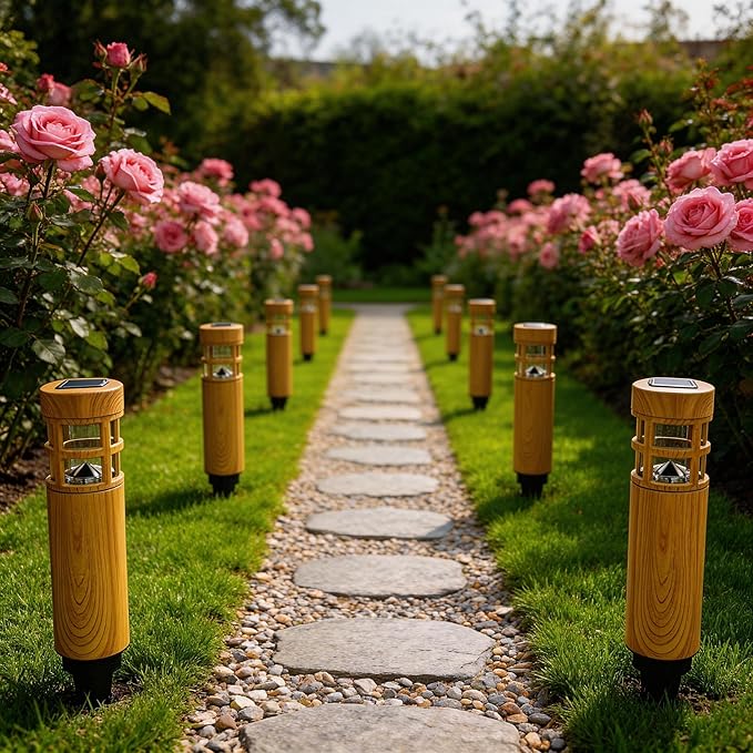 Solar Lights Outdoor 8 Pack, Wood-Grain Color Style, Warm Yellow Light, Waterproof Auto On/Off, Solar Pathway | Lumora