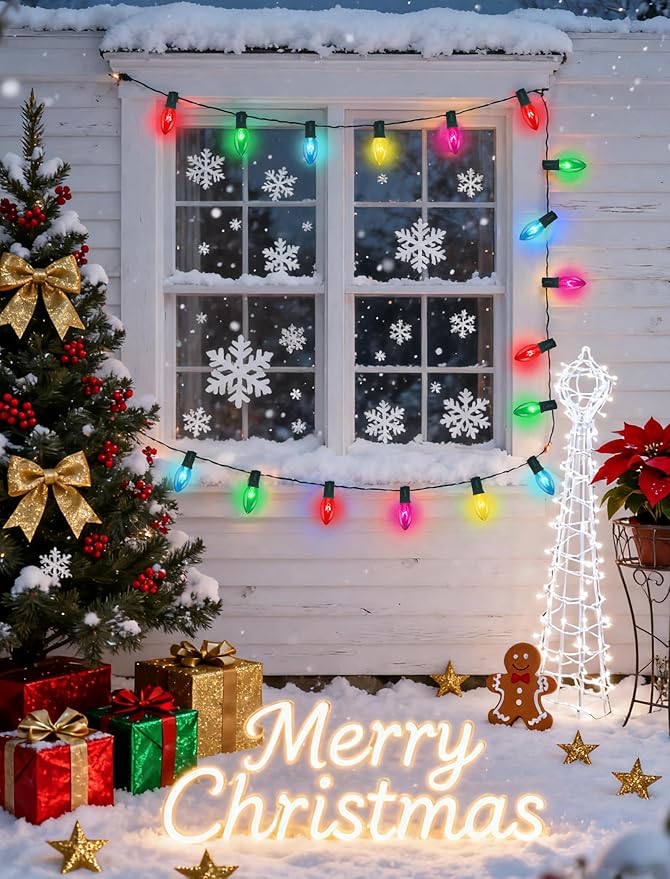 C9 Multicolor Christmas Lights, 25Ft Transparent Multicolor String Lights with 26 Clear Glass Bulbs (1 Spare), Hanging Vintage Christmas Lights String for Indoor Outdoor Christmas Tree Garden Party
