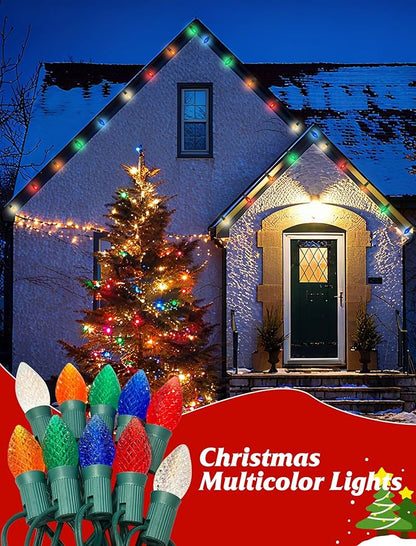 SUNSGNE 25FT Outdoor Christmas String Lights with 25 C7 LED Diamond Shatterproof Colored Bulbs, Multicolor Christmas Lights for Patio Yard Porch Balcony Gazebo Party Decorations, Green Wire