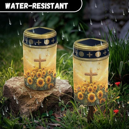 Cemetery Solar Lights for Outside Cross Sunflowers Solar Powered Garden Stake Lights Decorate Lawn, Patio, Fence, Backyard