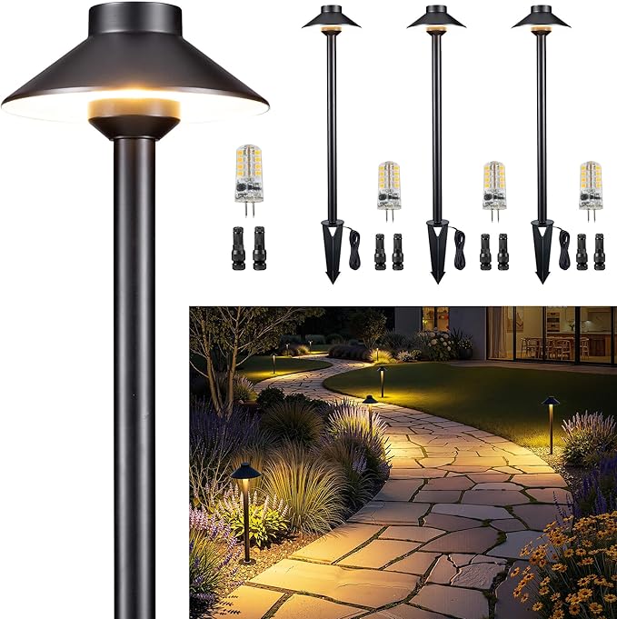 Gardenreet Solid Cast Brass Pathway Lights, Low Voltage Landscape Path Light Wired, LED Walkway Light Waterproof, Hat Shaped 12V Wired Black for Entrance Garden with 5000K Daylight G4 Bulb (4 Pack)