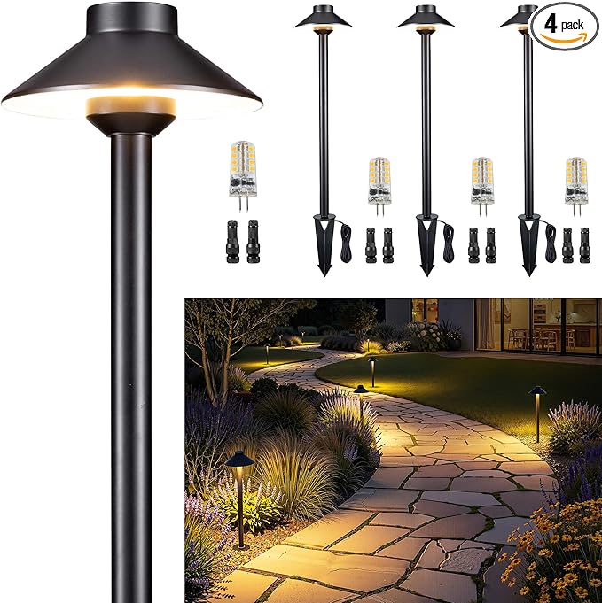 Gardenreet Low Voltage Landscape Lighting Brass - 12v LED Pathway Lights Waterproof, Hardwired Path Light Outdoor, Black for Exterior Patio Garden with 3W 2700K Warm White G4 Bulb (4 Pack)