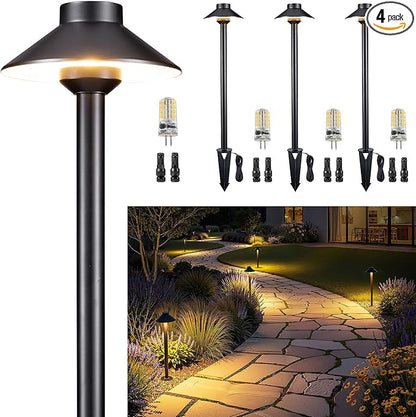 Gardenreet Low Voltage Landscape Lighting Brass - 12v LED Pathway Lights Waterproof, Hardwired Path Light Outdoor, Black for Exterior Patio Garden with 3W 2700K Warm White G4 Bulb (4 Pack)