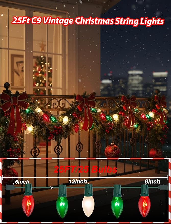 25ft Red White and Green Outdoor Christmas Lights,C9 Clear Incandescent Christmas Lights with 26 Multicolor Bulbs,Waterproof String Lights Plug in for Roofline Tree Garden Decor