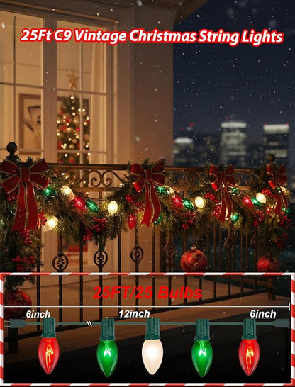 25ft Red White and Green Outdoor Christmas Lights,C9 Clear Incandescent Christmas Lights with 26 Multicolor Bulbs,Waterproof String Lights Plug in for Roofline Tree Garden Decor