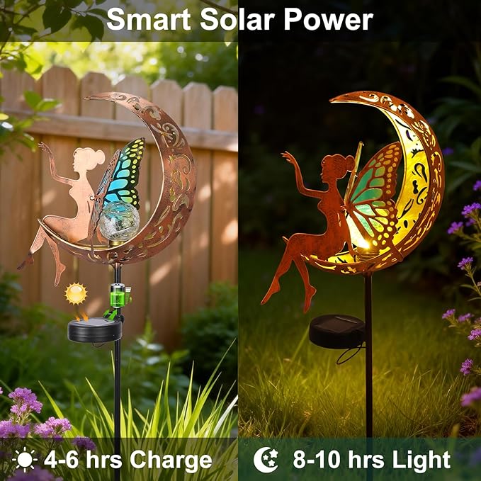 Tremdwoto Solar Garden Lights Outdoor, Metal Fairy Butterfly & Moon Decor - Cracked Glass Solar Stake with Gradient Wings, Gift for Mother's Day, Housewarming, Patio, Yard & Pathway Decorations