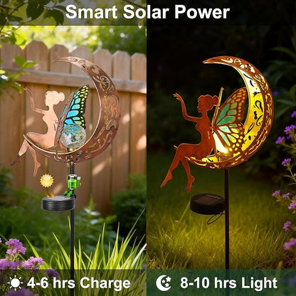 Tremdwoto Solar Garden Lights Outdoor, Metal Fairy Butterfly & Moon Decor - Cracked Glass Solar Stake with Gradient Wings, Gift for Mother's Day, Housewarming, Patio, Yard & Pathway Decorations