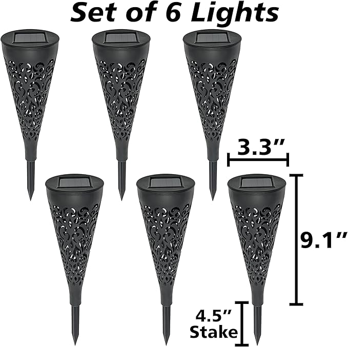 EX ELECTRONIX EXPRESS 6 Pack Solar Charging Decorative Walkway Patio Lawn Lights - Warm Yellow Subtle Pattern Lighting - Automatic On at Dusk and Off at Sunrise - Weatherproof Black Plastic