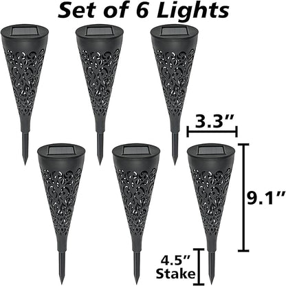 EX ELECTRONIX EXPRESS 6 Pack Solar Charging Decorative Walkway Patio Lawn Lights - Warm Yellow Subtle Pattern Lighting - Automatic On at Dusk and Off at Sunrise - Weatherproof Black Plastic