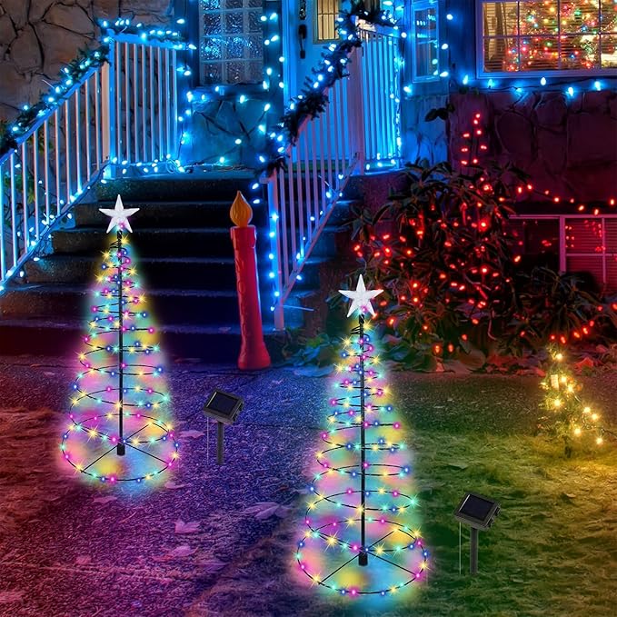Dynaming 2 Pack Solar Spiral Christmas Trees with Multicolor Lights, 26" Outdoor Light Up Xmas Pathway Markers with Stake, Auto On/Off & Waterproof Lights for Winter Patio Yard Walkway Driveway Decor