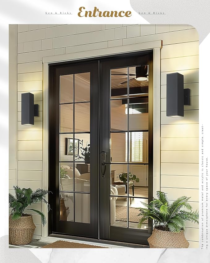 Ken & Ricky Outdoor Wall Light Fixture,Exterior Lighting Fixtures,Modern Sconce Lights for Porch Patio Garage Front Door (Black,Square,No Sensor,1PK)