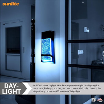 Sunlite LED Wall Sconce, Black Metal Frame with Raindrop Effect Glass Panel, 6.5" Wide, 5000K Super White, Indoor & Outdoor, ADA Compliant