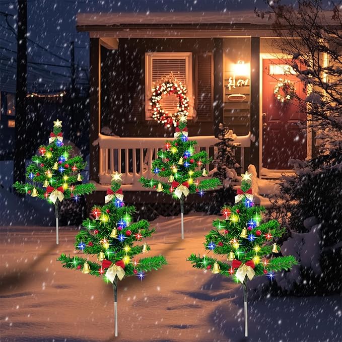 Solar Christmas Tree Pathway Stake Lights, 4 Pack Outdoor Christmas Tree Decorations, Multicolor 8 Lighting Modes Waterproof Solar Powered Lights for Outside Garden Yard Cemetery Xmas