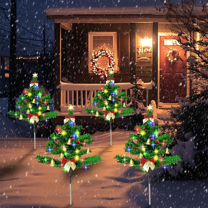 Solar Christmas Tree Pathway Stake Lights, 4 Pack Outdoor Christmas Tree Decorations, Multicolor 8 Lighting Modes Waterproof Solar Powered Lights for Outside Garden Yard Cemetery Xmas