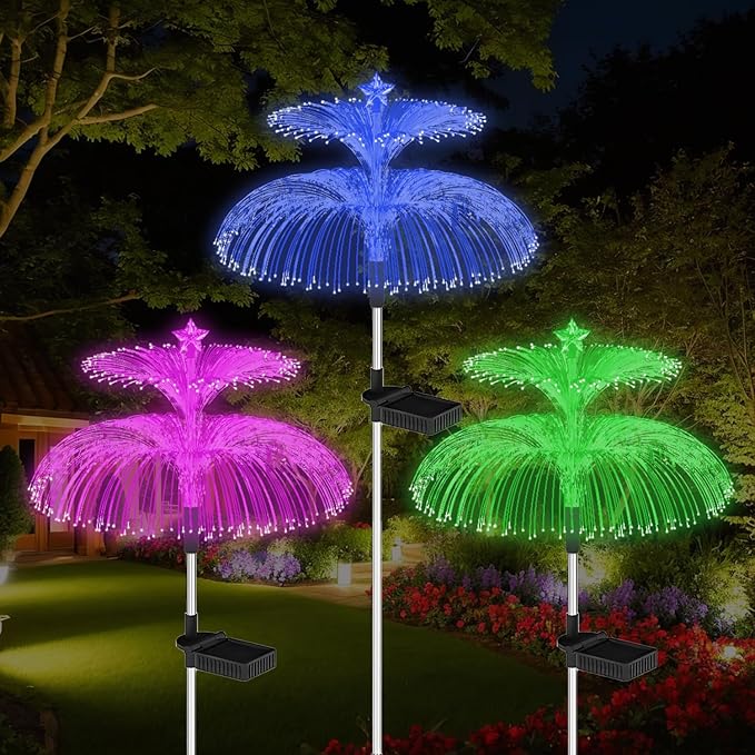 Decorman Solar Garden Lights 3 Pack Waterproof Solar Outdoor Lights 7 Color Changing Double-Layer Jellyfish and Star Solar Flower Lights for Garden Yard Patio Lawn Christmas Decor (Star, 3)