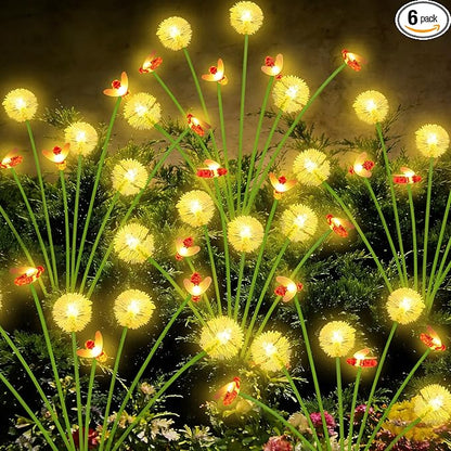 Solar Garden Lights Outdoor, 6 Pack 48 LED, Solar Swaying Dandelion Bee Lights Waterproof, Swaying Firefly Lights for Yard Pathway Lawn Patio Decorations, 2 modes (Steady on, Slow Twinkle), Warm White
