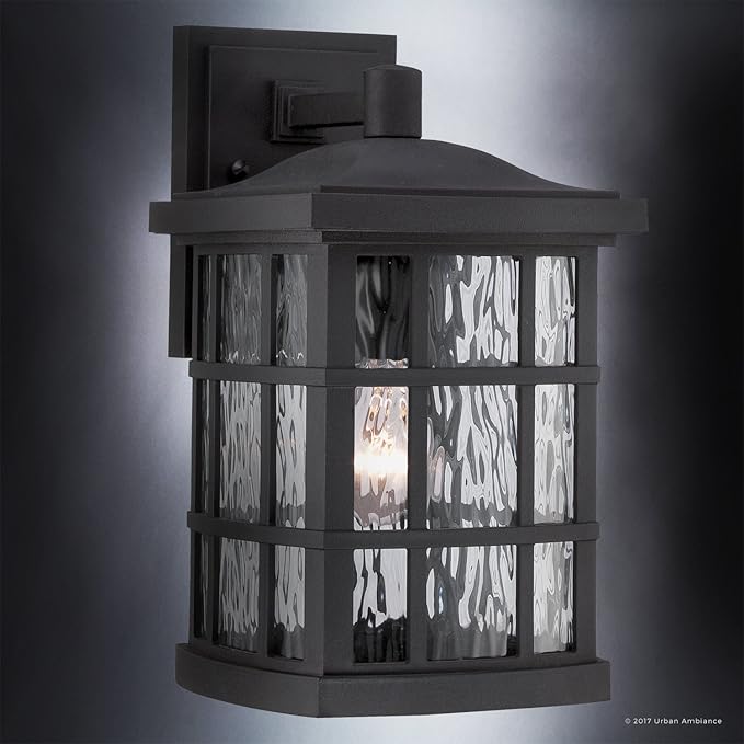 Urban Ambiance Luxury Craftsman Outdoor Wall Light, Small Size: 13" H x 8" W, with Tudor Style Elements, Highly-Detailed Design, High-End Black Silk Finish and Water Glass, UQL1232