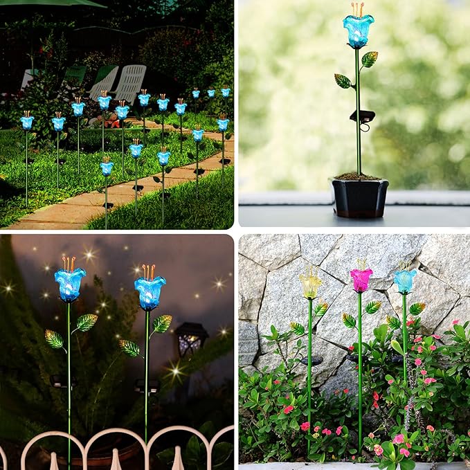 Solar Lights Outdoor Decorative Flowers 2 Pack, Blue Glass Lily Flower Lights, Auto ON/OFF for Garden, Patio, Backyard