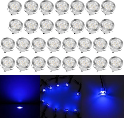 Low Voltage LED Deck Lighting Kit Stainless Steel 1W Waterproof Outdoor Yard Garden Decoration Lamps Landscape Pathway Patio Step Stairs LED In-ground Lights Silver Border(30pcs,Blue)