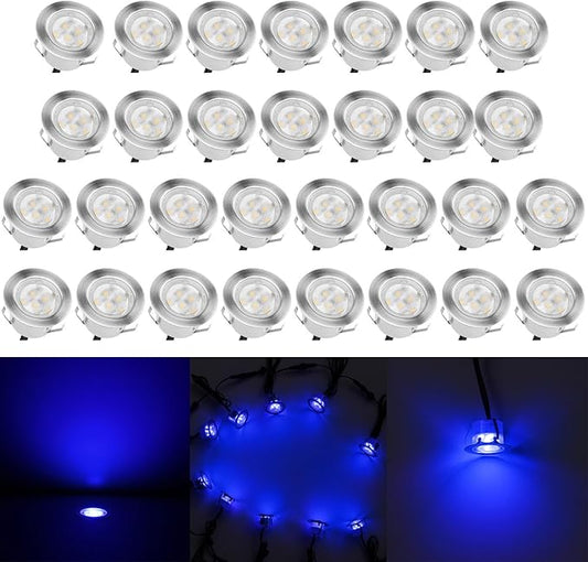 Low Voltage LED Deck Lighting Kit Stainless Steel 1W Waterproof Outdoor Yard Garden Decoration Lamps Landscape Pathway Patio Step Stairs LED In-ground Lights Silver Border(30pcs,Blue)