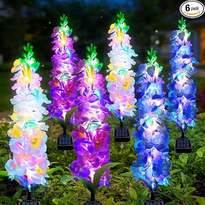 Solar Garden Lights, 6 Pack 20 LEDs Solar Delphinium Flowers Lights Gifts for Mom Grandma Women, Waterproof Solar Outdoor Lights Two Lighting Modes for Wedding Garden Yard Patio Decor