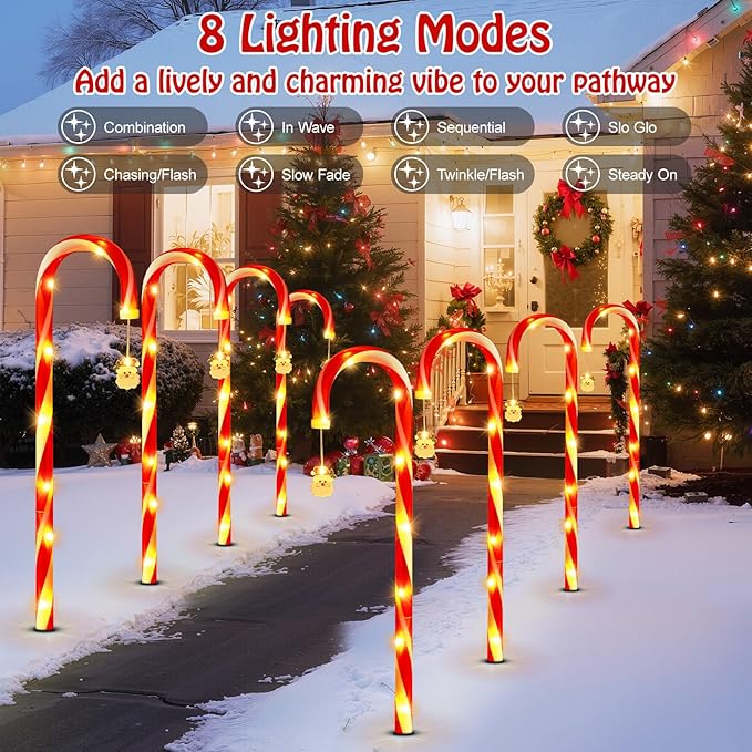 Lewondr 41" Solar Christmas Candy Cane Lights Outdoor, Upgraded Pathway Stake Lights, 8 Modes Control, 96 LED Beads, Waterproof Solar and Type-C Charging Outside Decor for Yard Patio Holiday, 8Pack