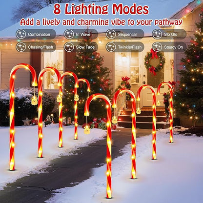 Lewondr 41" Solar Christmas Candy Cane Lights Outdoor, Upgraded Pathway Stake Lights, 8 Modes Control, 96 LED Beads, Waterproof Solar and Type-C Charging Outside Decor for Yard Patio Holiday, 8Pack