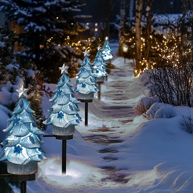 Dazzle Bright 2 Pack Solar Powered Fairy Garden Blue Christmas Tree Pathway Lights, Resin Walkway Lights Decorative Stakes Christmas Tree Figure Statue Decorations for Lawn Pathway Xmas Yard Gifts