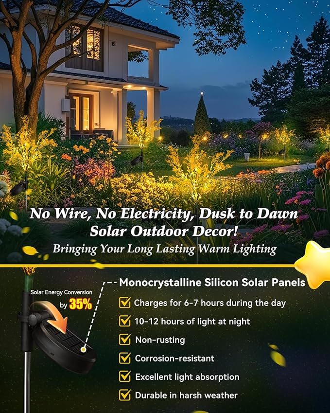 Neporal Golden Solar Flowers Outdoor Waterproof 6PK, 7-Stems Floral Solar Lights, Outdoor Garden, Yard, Patio Decor