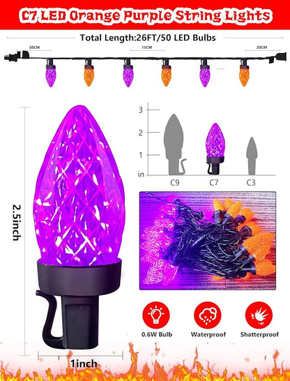 26FT Halloween String Lights Outdoor, 50 C7 LED Orange and Purple String Lights, Plug-in Halloween Patio Decorative Lights for Indoor Christmas Backary Porch House Holiday Party Decor