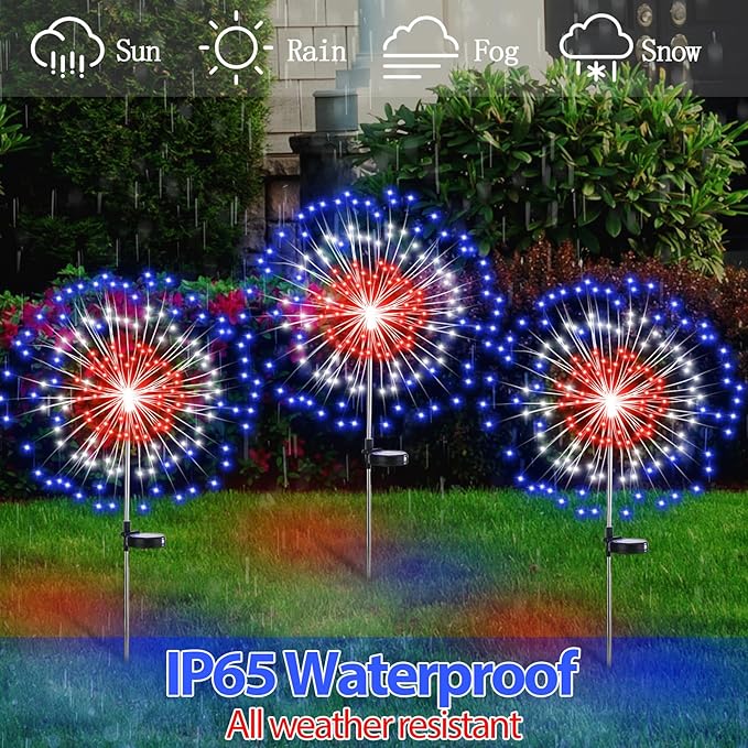 4th of July Decorations Outdoor 4 Pack Colored Solar Firework Lights with 180 LED Patriotic Solar Lights 8 Lighting Modes for Yard Pathway Garden Patio Party Decorations(Red, White, Blue)
