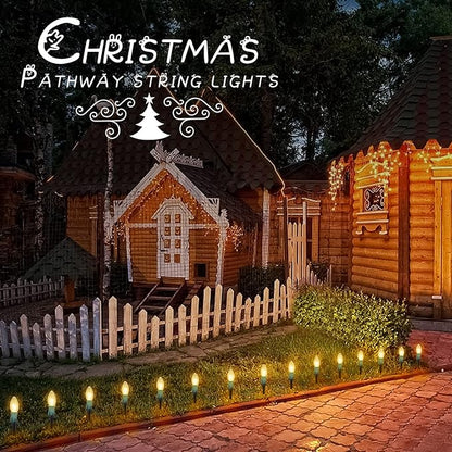 Brightown Christmas Pathway String Lights Outdoor - 25.7 Ft. C9 20 Clear Lights with 20 Stakes Connectable Waterproof for Indoor Xmas Party Holiday Commercial Decoration, Warm White