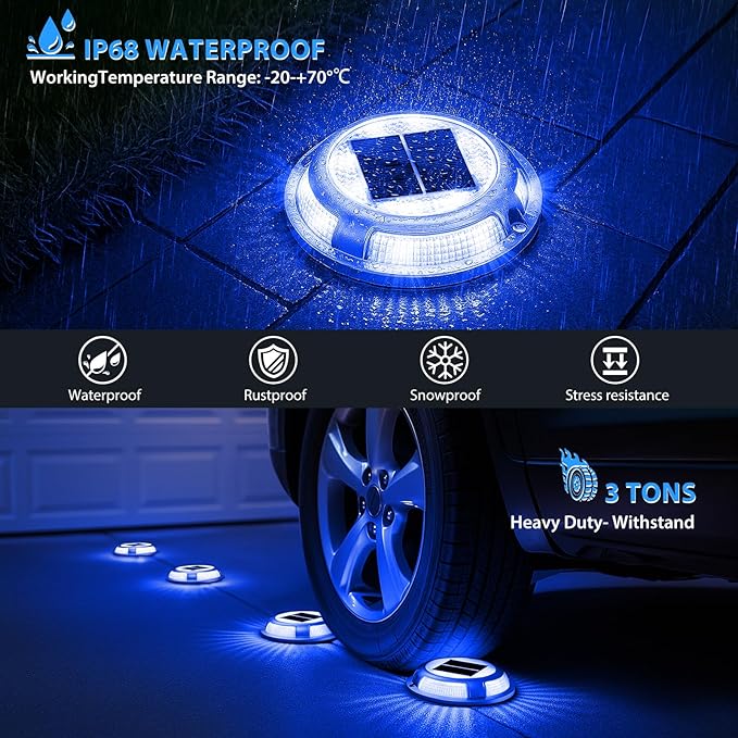Solar Deck Lights,8 Pack Driveway Dock Light 2 Colors in 1 Solar Powered Lights Outdoor IP68 Waterproof Driveway Marker for Warning Step/Garden/Sidewalk/Pathway/Yard (Blue & Cool White)
