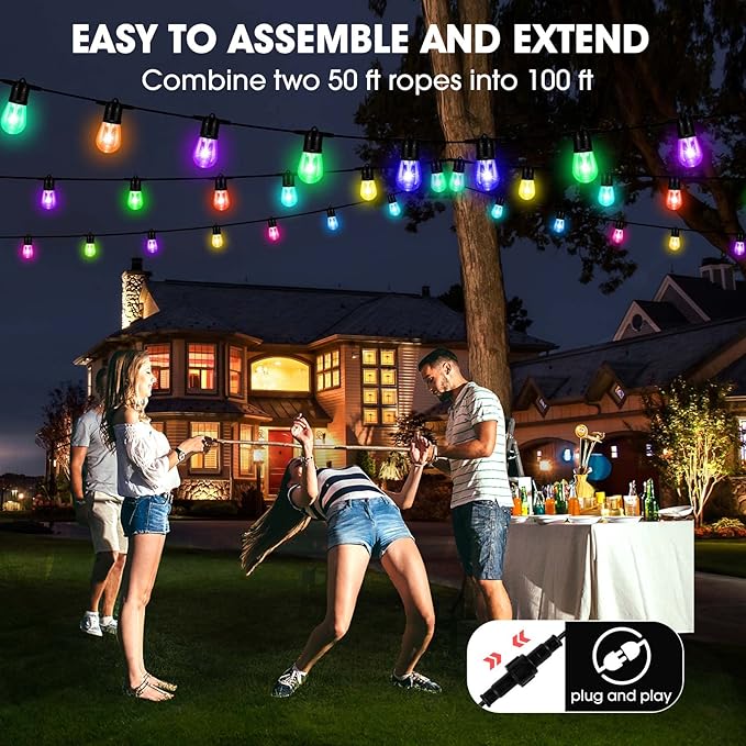 2023 Upgraded Outdoor String Lights, DIY Color Changing RGB Bright Smart Light 50ft Work with Alexa & Remote for Party, IP65 Waterproof Outside Patio String Light with 15 Dimmer LED Bulbs