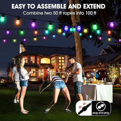 2023 Upgraded Outdoor String Lights, DIY Color Changing RGB Bright Smart Light 50ft Work with Alexa & Remote for Party, IP65 Waterproof Outside Patio String Light with 15 Dimmer LED Bulbs