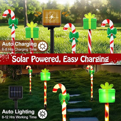 Lewondr Solar Christmas Pathway Lights, 5 PCS Solar Christmas Decorations Outdoor with 2 Lighting Modes, Cane and Gift Box Lights with Garden Stake, Waterproof Garden Yard Lawn Patio Holiday Decor