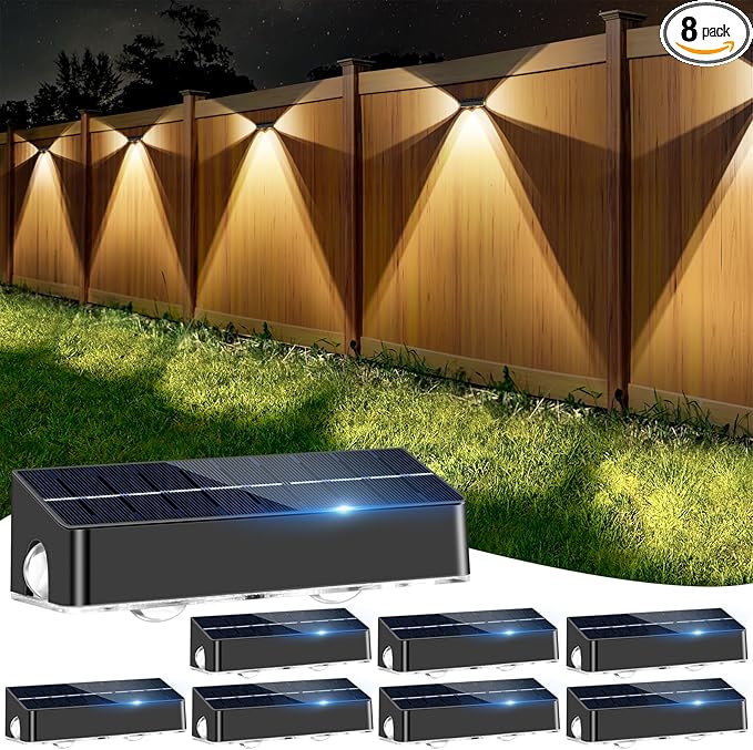 Solar Fence Lights 8 Pack Solar Fence Lights Outdoor with 3-Side Lighting, 9 Colors＆11 Lighting Modes, IP65 Waterproof, Fence Lights Solar Powered for Outside Wall Backyard Step Patio Deck Garden