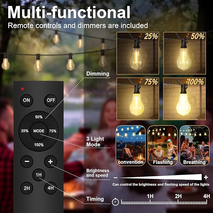100FT Outdoor String Lights Waterproof with 64+4 Bulbs (1.5FT Bulbs Spacing), Remote & Dimmer, Commercial Patio | Lumora
