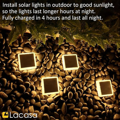 Lacasa Solar Deck Lights, 4 Pack 30LM LED Dock Lights Warm White 2700K, Outdoor Solar Powered Step Lights Light up All Night IP68 Waterproof Auto ON/Off for Garden Stairs Driveway Pathway Lighting