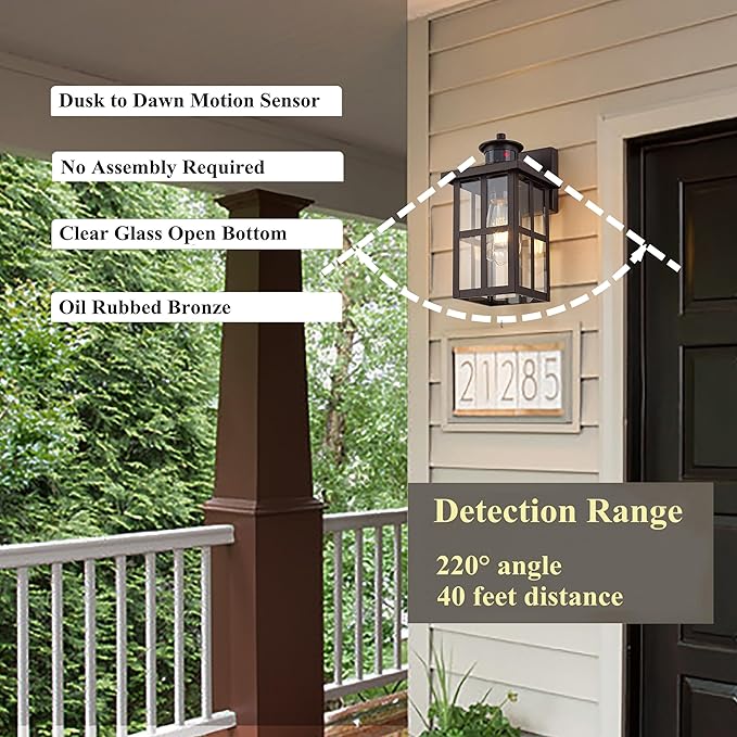 MICSIU Bronze Motion Sensor Outdoor Wall Light 2 Pack, 11.75" Dusk to Dawn Exterior Wall Sconce with 3 Modes, Clear Glass Anti-Rust Porch Light for House, Garage, Oil Rubbed Bronze, 2-Pack
