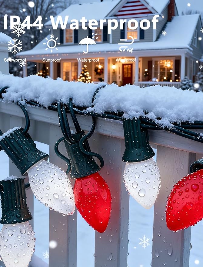 25Ft Red and White Christmas Lights,C7 Christmas String Lights with 27 Red White Ceramic Bulbs(2 Spare), Vintage Incandescent Xmas Lights for Outdoor Holiday Xmas Roofline Wedding Party