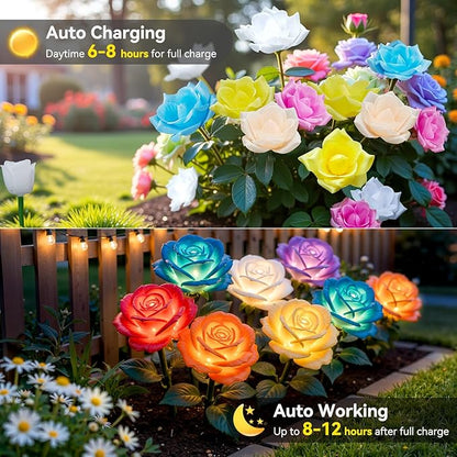 KOOPER 6 Pack Solar Lights Outdoor Garden Decor, 7 Color Changing Solar Flowers Outdoor Waterproof with 30 Bigger & Realistic Rose, Enlarged Size Panel for Patio Yard Garden Cemetery Decoration, Gifts