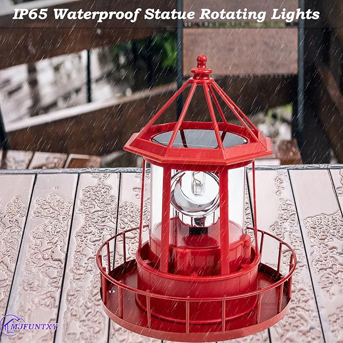 LED Solar Powered Lighthouse,360 Degree Rotating Lamp IP65 Waterproof Statue Solar Garden Lights Rotatable Outdoor Solar Light,Suitable for Patio Fence Garden Courtyards,Lawns Decor (Red)