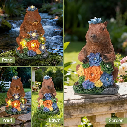 Solar Capybara Statue Outdoor Decor,Capybara Figurines with Flower LED Light,Zen Friend for Patio Pond,Yoga Garden Spaces,Housewarming for Women