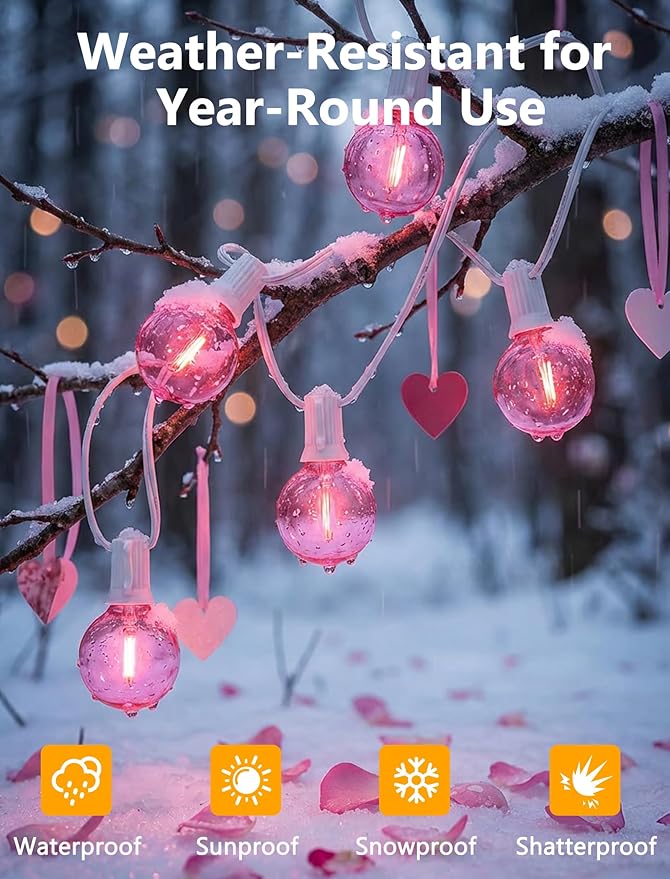50Ft Valentine's Day Outdoor String Lights, G40 Valentines Day Decorations Lights with 27 LED Pink Shatterproof | Lumora