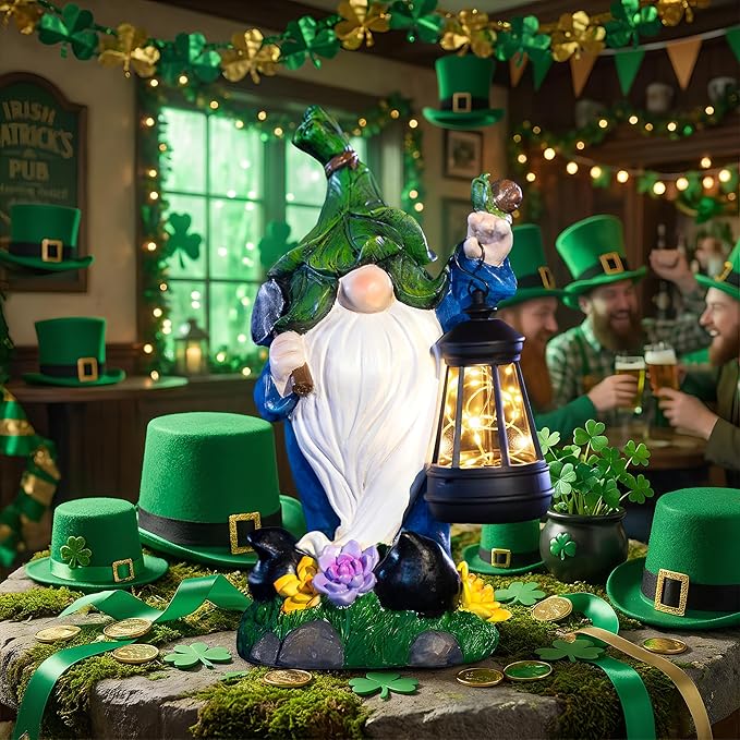 Solar Garden Gnome Statue – St Patrick’s Day Outdoor Decorations Funny Leprechaun Figurine with LED Lantern Waterproof Resin Leaf Hat Dwarf Sculpture for Patio Lawn Yard Art and Housewarming Gift