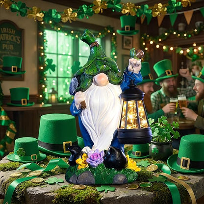 Solar Garden Gnome Statue – St Patrick’s Day Outdoor Decorations Funny Leprechaun Figurine with LED Lantern Waterproof Resin Leaf Hat Dwarf Sculpture for Patio Lawn Yard Art and Housewarming Gift