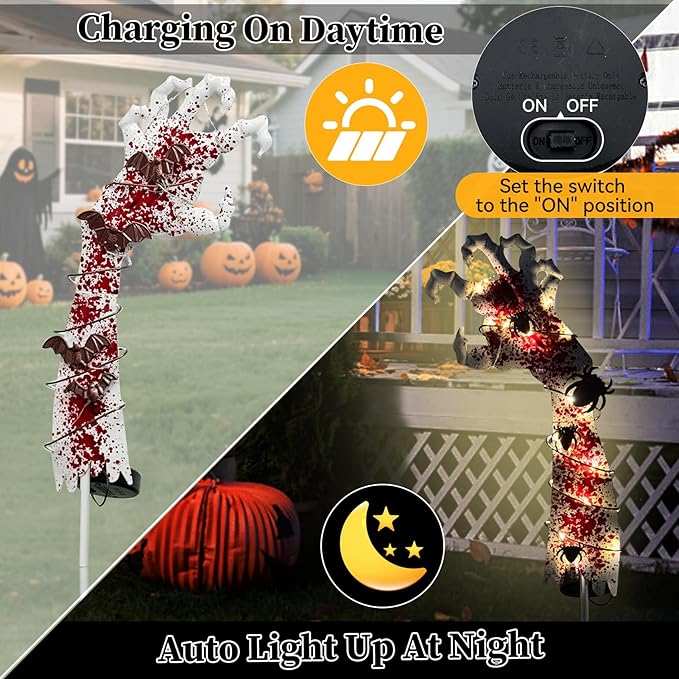 2PCS Solar Halloween Garden Stake Lights Zombie Hand Halloween Pathway Lights with Bats Spiders, Metal Landscape Path Scary Decorative for Pathway Patio Lawn Yard, Red